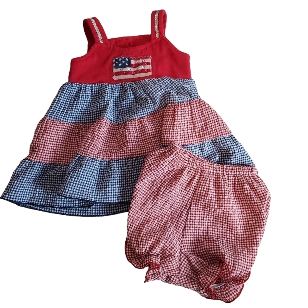 BABY Cottontail Dress & bloomer‎ Set 6-9 months Sequins Flag Gingham check red